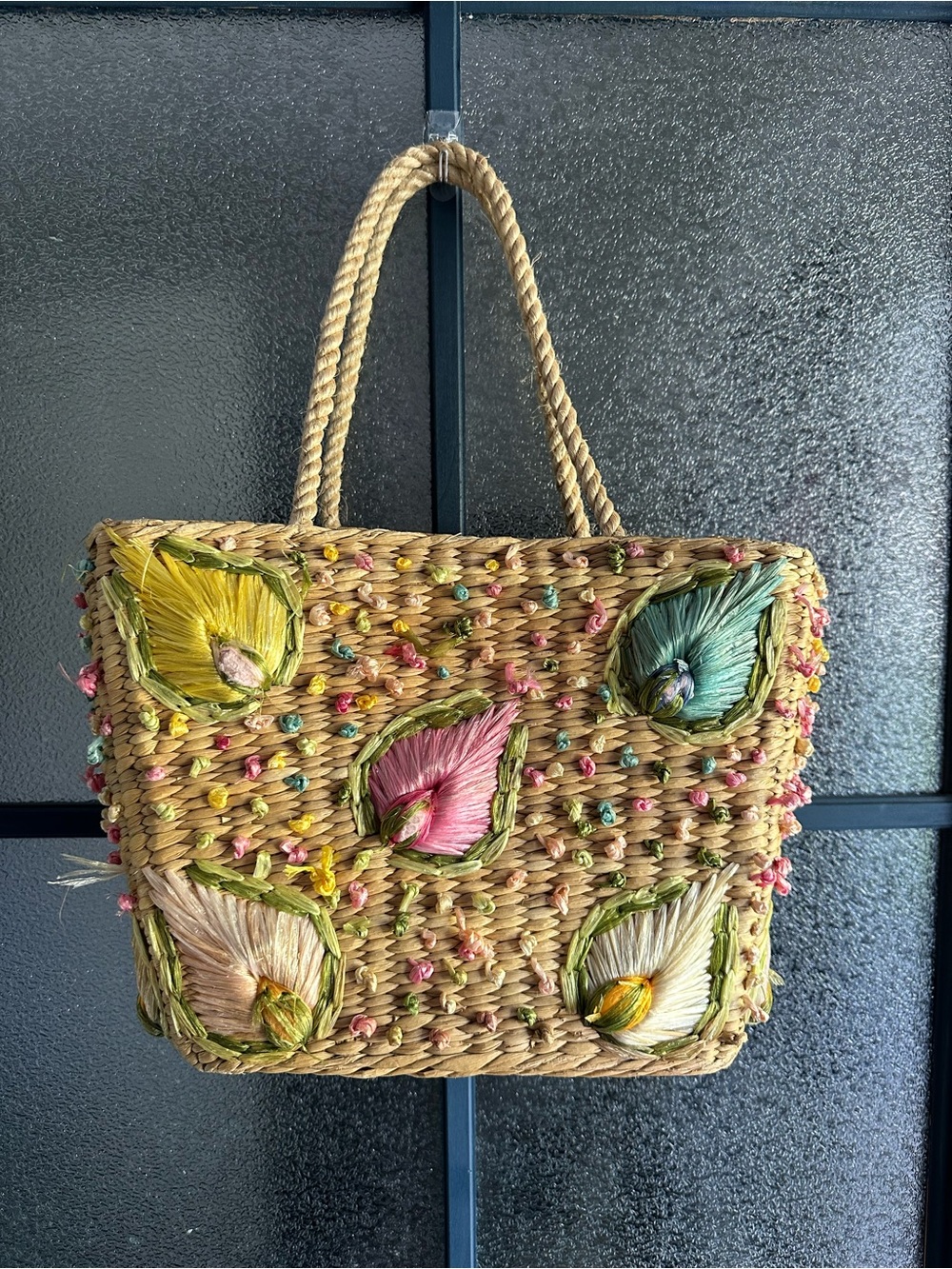 Vintage Handmade Straw Tote Purse with Colorful Accents